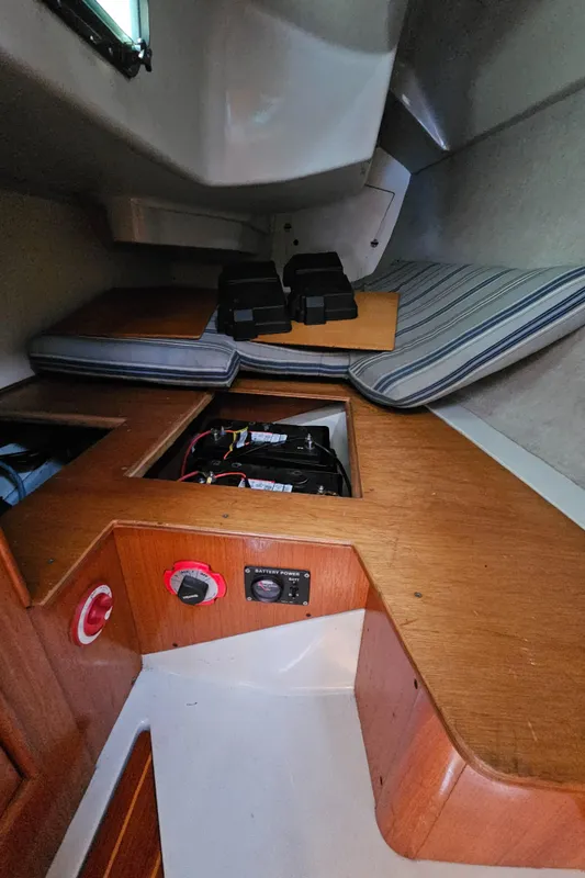 Interior of a 1988 Hunter Legend 35 yacht with wood finish.