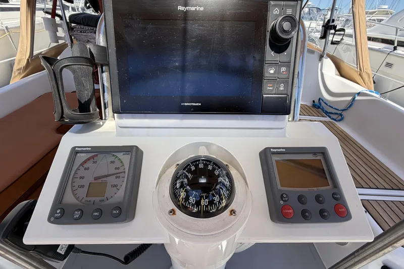 Cockpit navigation instruments on a 2010 Beneteau Oceanis 37 sailboat.