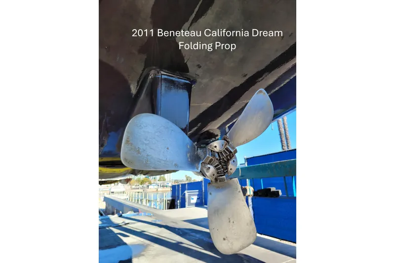 Folding propeller of 2011 Beneteau Oceanis 37 sailboat in dry dock.