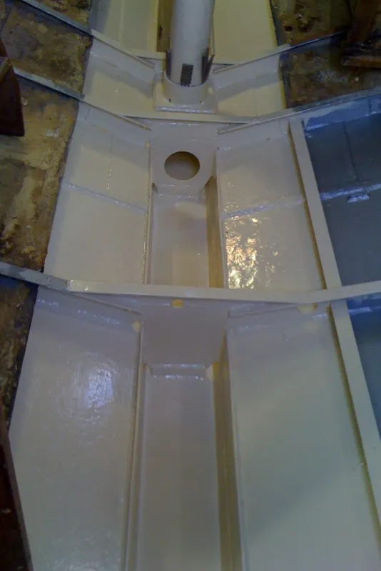 Interior view of 1975 Custom 45’ Thomas Colvin “Tamarack” Schooner, showcasing painted structural details.