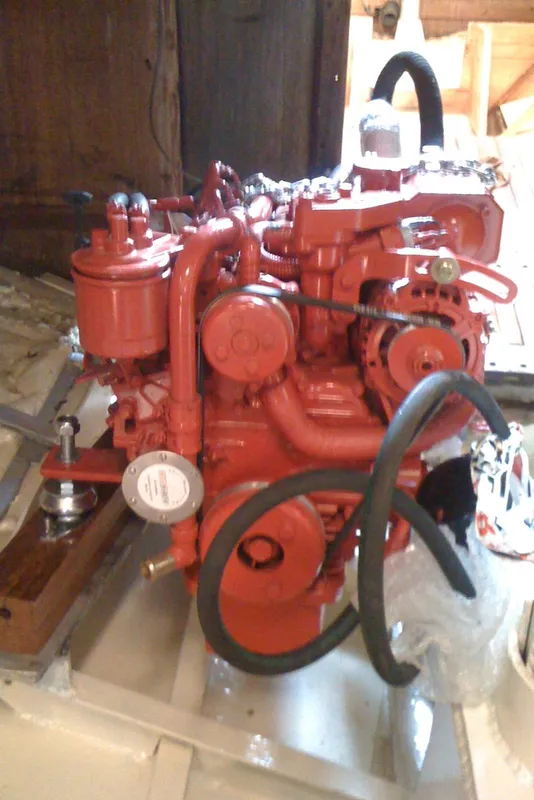 Red engine inside 1975 Custom 45’ Thomas Colvin “Tamarack” Schooner.