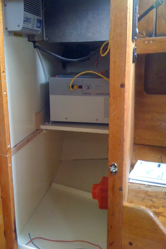 Interior view of 1975 Custom 45’ Thomas Colvin “Tamarack” Schooner, showcasing electrical equipment.