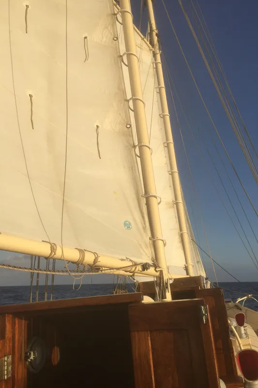 Sailing schooner with white sails against a clear blue sky, 1975 Thomas Colvin model.