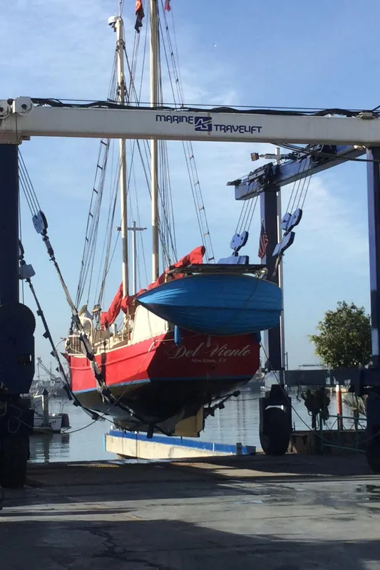 1975 Custom 45’ Thomas Colvin “Tamarack” Schooner in dry dock, lifted by Marine Travelift.