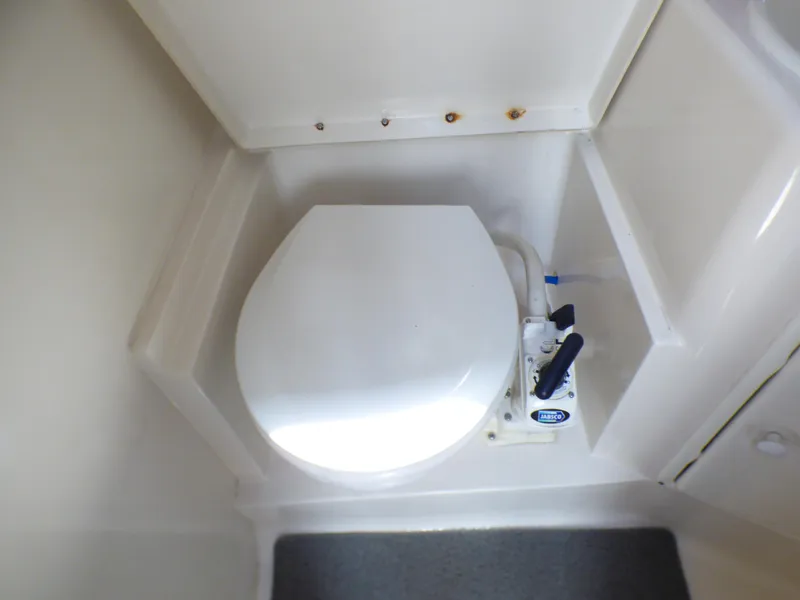 Toilet in 2001 Monterey 302 Cruiser boat bathroom, featuring compact marine design.