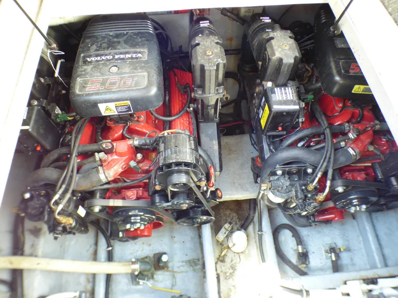 Engine compartment of a 2001 Monterey 302 Cruiser with dual Volvo Penta 5.0Gi engines.