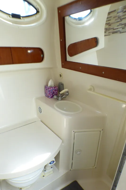 Bathroom interior of 2001 Monterey 302 Cruiser with sink, toilet, and mirror.