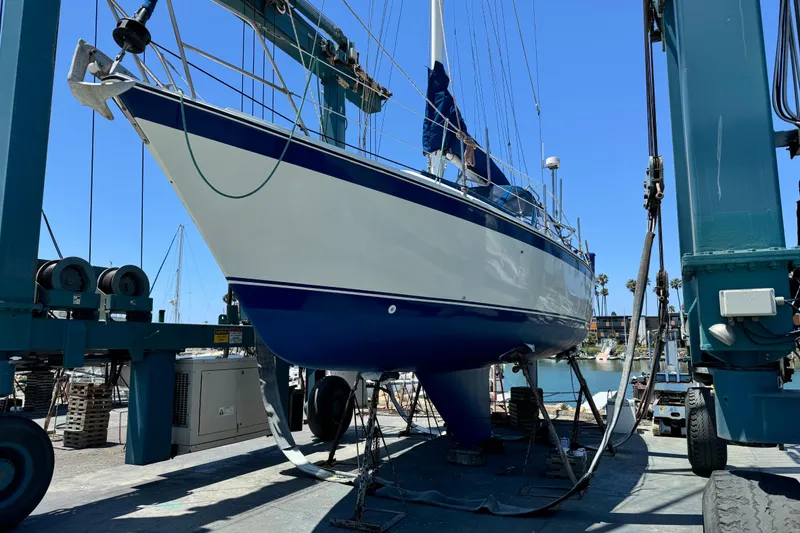 1979 O'Day 37 Center Cockpit sailboat in dry dock, undergoing maintenance.
