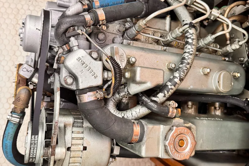 Engine of a 2001 Catalina 36 MkII sailboat, showcasing hoses and mechanical components.