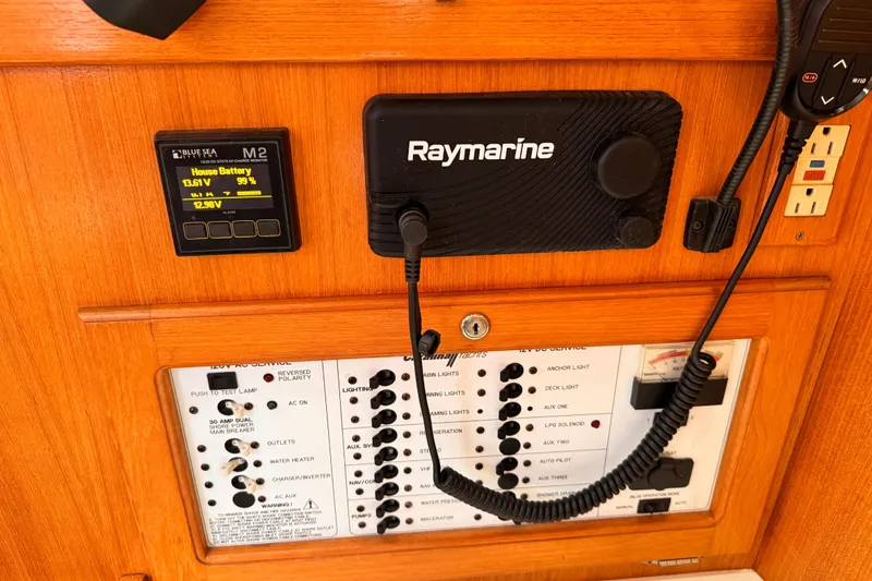 Control panel of a 2001 Catalina 36 MkII sailboat with Raymarine equipment.