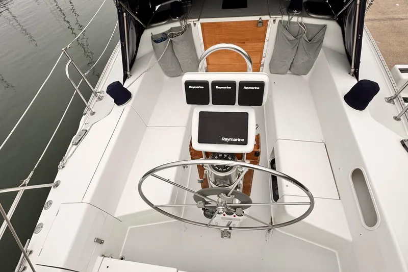 Cockpit of 2001 Catalina 36 MkII sailboat with Raymarine navigation equipment.