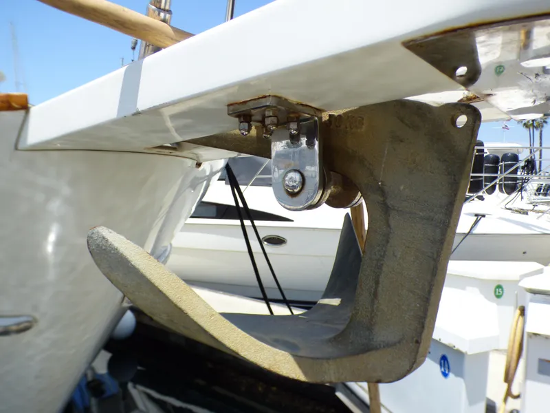 Anchor detail of 1987 MedYacht Mallorca 50, docked at marina.