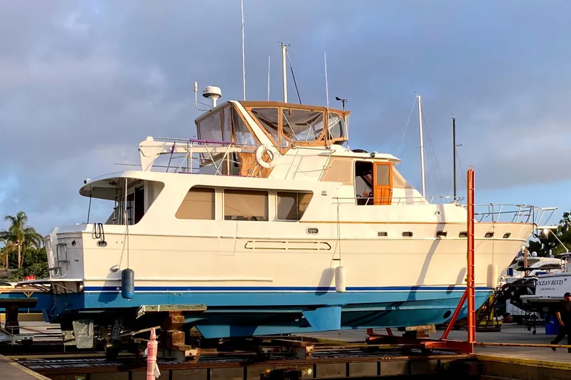 1987 MedYacht Mallorca 50 on dry dock, showcasing its elegant design and structure.