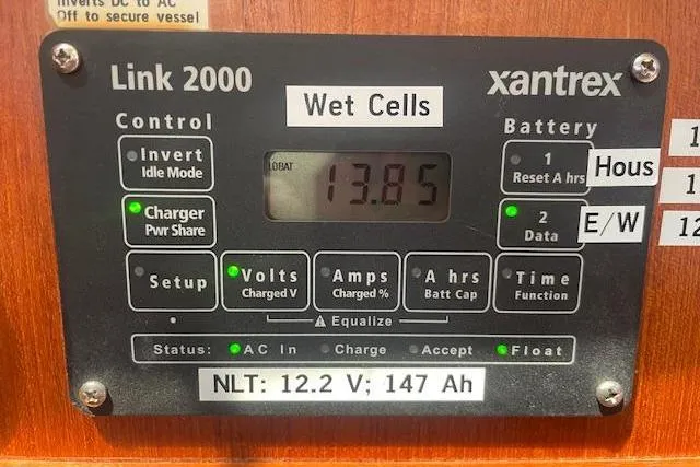 Control panel of a Xantrex Link 2000 battery monitor on a 2001 Hunter 380.