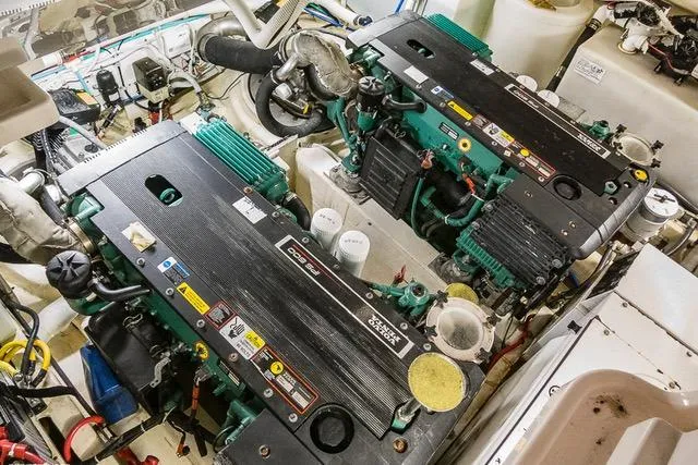 Engine room of 2007 Tiara Yachts 4300 Sovran, featuring dual marine engines.