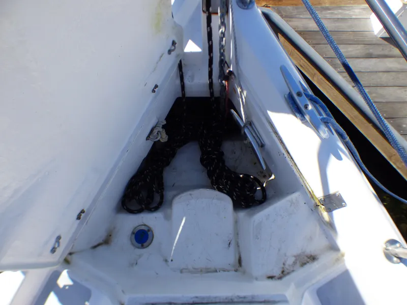 Anchor locker of a 1998 Hunter 34 sailboat.