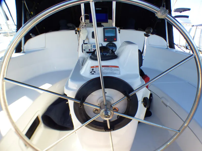 Steering wheel of a 1998 Hunter 34 yacht.