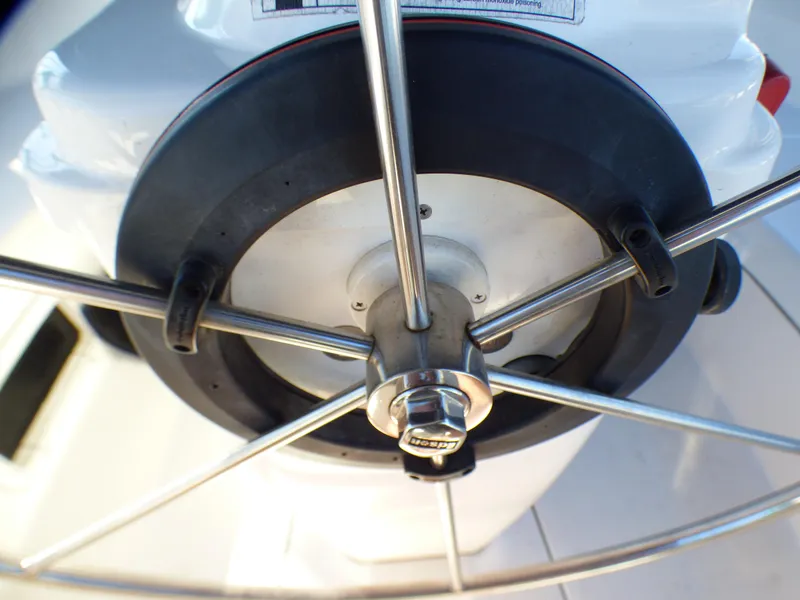 Steering wheel of a 1998 Hunter 34 sailboat.