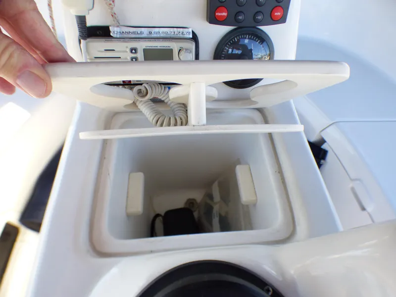 Interior view of a 1998 Hunter 34 boat console compartment.