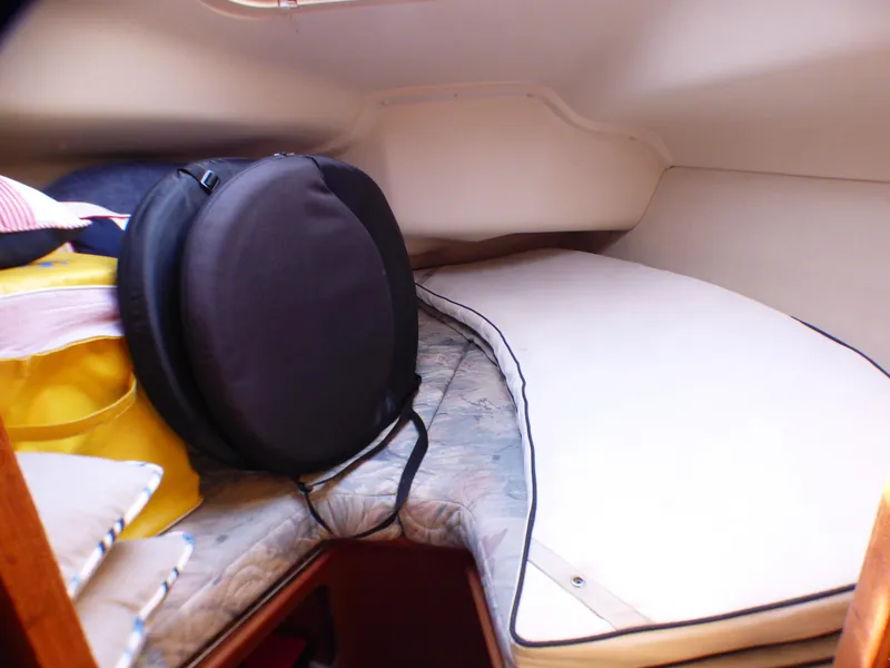 Interior of a 1998 Hunter 34 yacht with sleeping area.