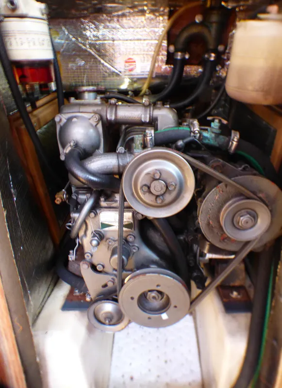 Engine compartment of a 1998 Hunter 34 sailboat.