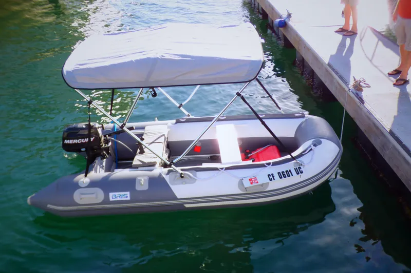 Inflatable boat with canopy docked beside a pier, featuring a Mercury outboard motor.
