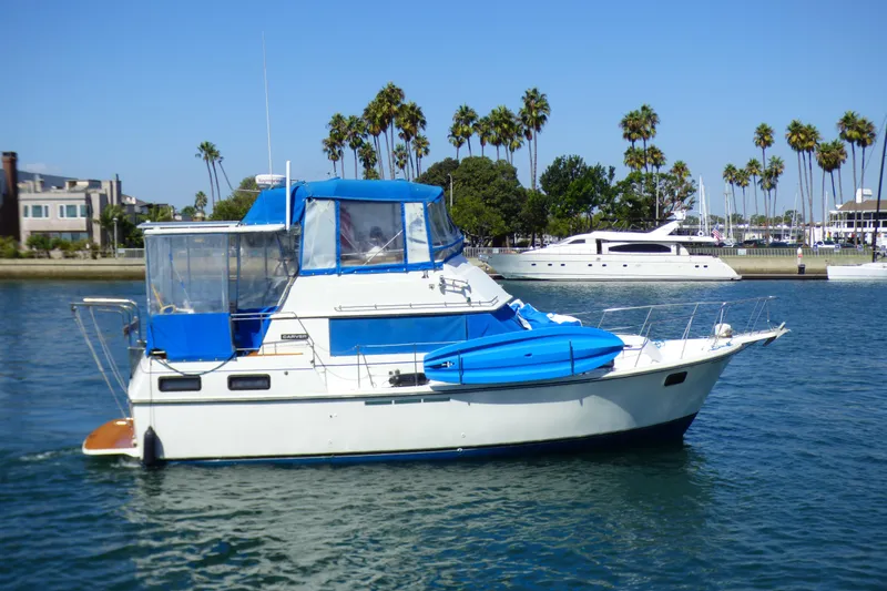 1985 Carver 3607 Aft Cabin Motor Yacht on calm water, blue canopy, palm trees in background.