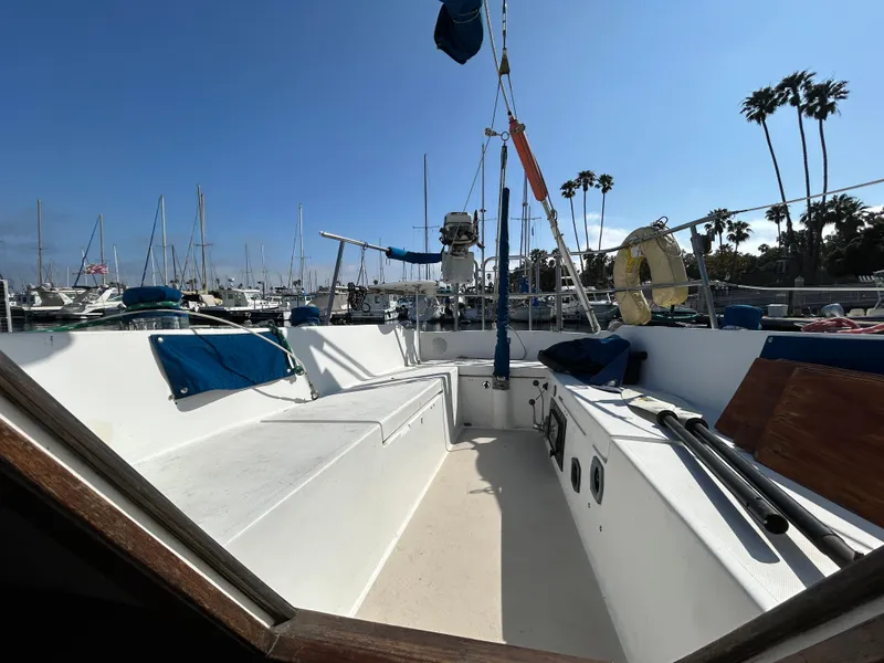1981 Catalina 30 sailboat cockpit with marina view, clear sky, and palm trees.