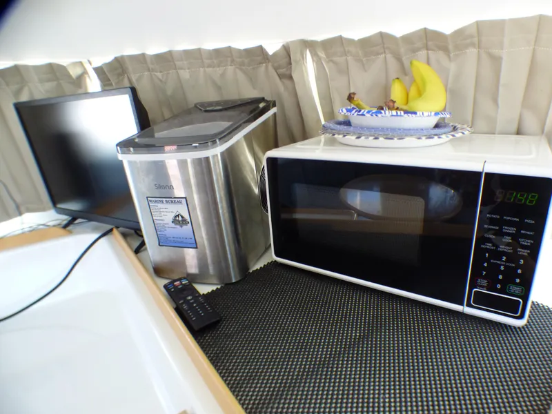 Interior of Lagoon 380 (2015) with microwave, ice maker, and fruit bowl on counter.