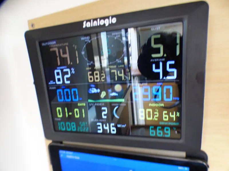 Digital weather display on Lagoon 380, 2015 model, showing temperature, humidity, and wind data.