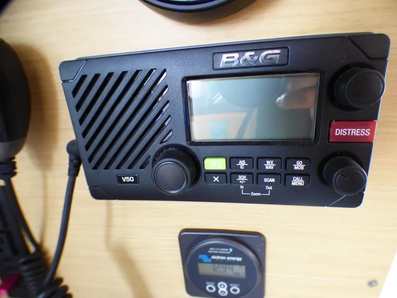 B&G V50 marine radio on Lagoon 380, 2015 model, with distress button and control panel.