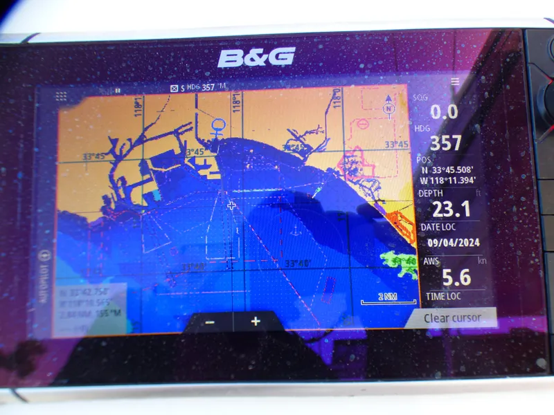 B&G navigation display on Lagoon 380, showing map and coordinates, dated 09/04/2024.