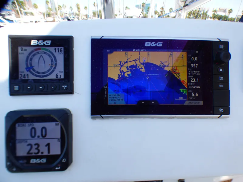 B&G navigation displays on a 2015 Lagoon 380 catamaran, showing speed and course data.