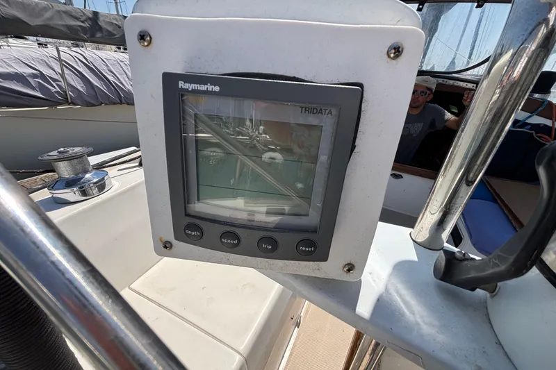 Raymarine Tridata display on 1987 Catalina 34 sailboat, showing depth, speed, and trip information.