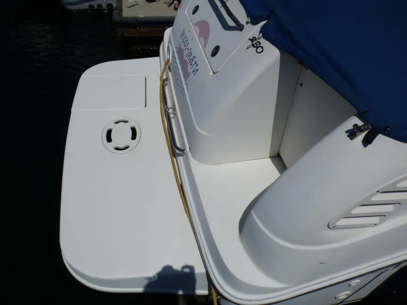 2003 Sea Ray 260 Sundancer boat with swim platform and blue cover.