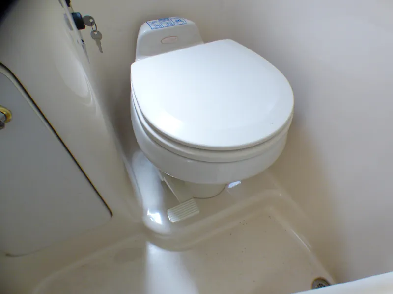 Toilet in 2003 Sea Ray 260 Sundancer boat bathroom.