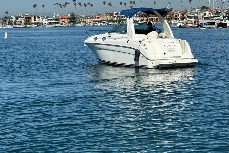2003 Sea Ray 260 Sundancer cruising on calm waters near a coastal town.