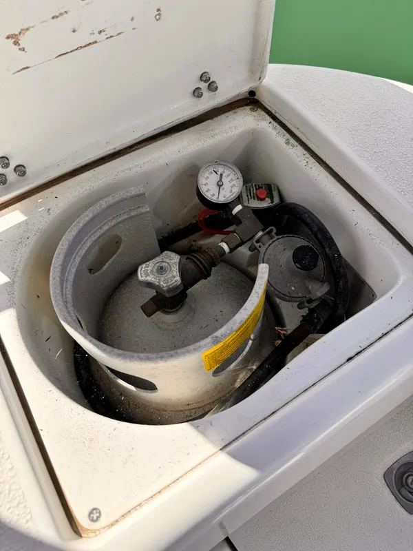 Propane tank compartment on a 2004 Catalina 350 sailboat.