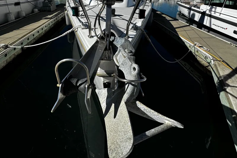 Catalina 350 sailboat anchor detail, docked in marina, 2004 model.