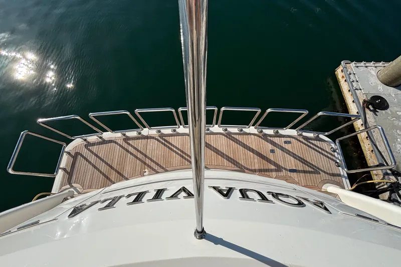 Aerial view of Norseman 80 yacht deck, 2010 model, docked by the water.