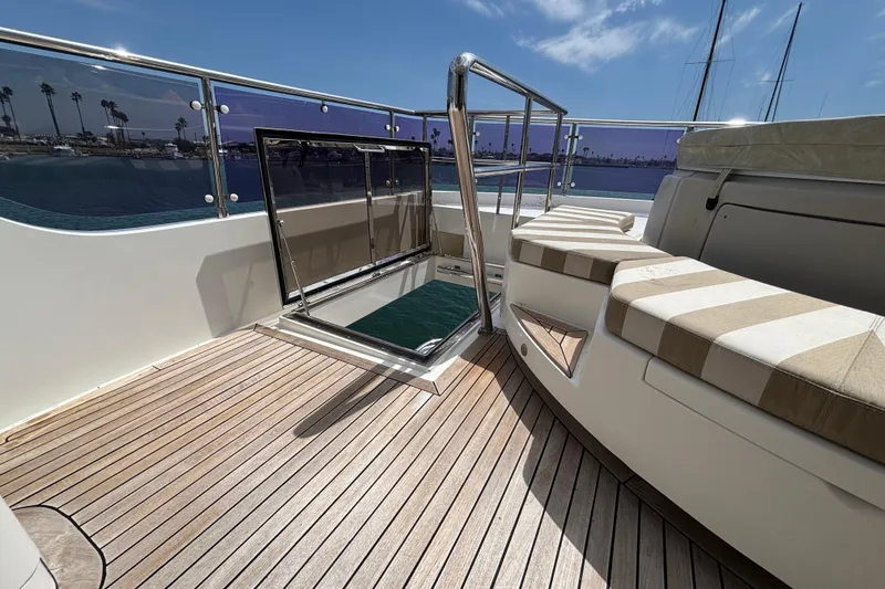 Luxury Norseman 80 yacht deck with seating and open hatch, 2010 model.