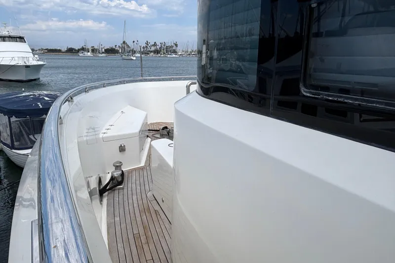 Luxury Norseman 80 yacht deck, 2010 model, docked in a marina.