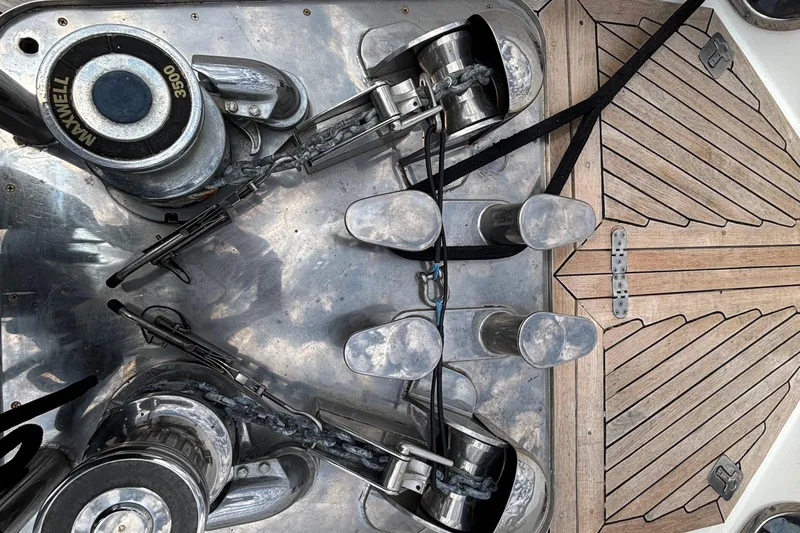 Deck of 2010 Norseman 80 yacht with winches and cleats.