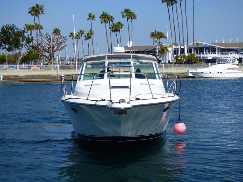A 1989 Tiara Yachts 3300 Open on the water, surrounded by palm trees and a marina.
