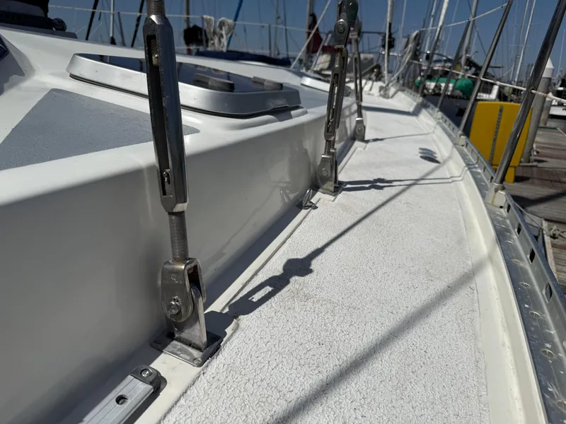 Close-up of 1985 Nauticat 43 yacht deck with rigging and fittings.