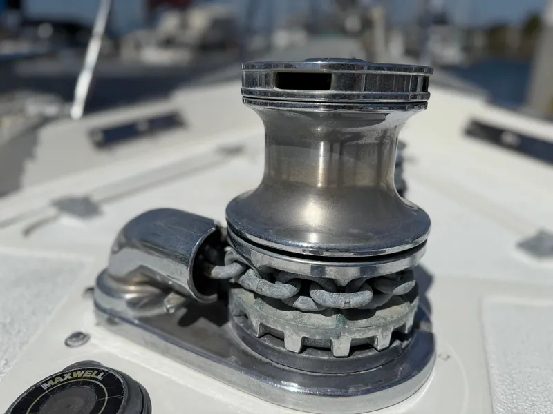 Close-up of a Maxwell winch on a 1985 Nauticat 43 sailboat deck.