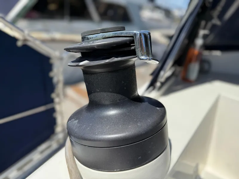 Close-up of a winch on a 1985 Nauticat 43 sailboat deck.