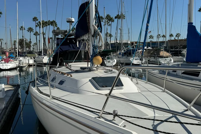 1989 Catalina Sloop sailboat docked in a marina with clear blue skies.