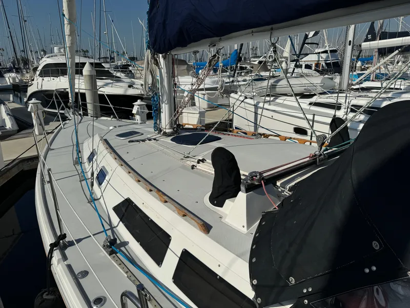 1989 Catalina Sloop sailboat docked in marina, surrounded by other boats.