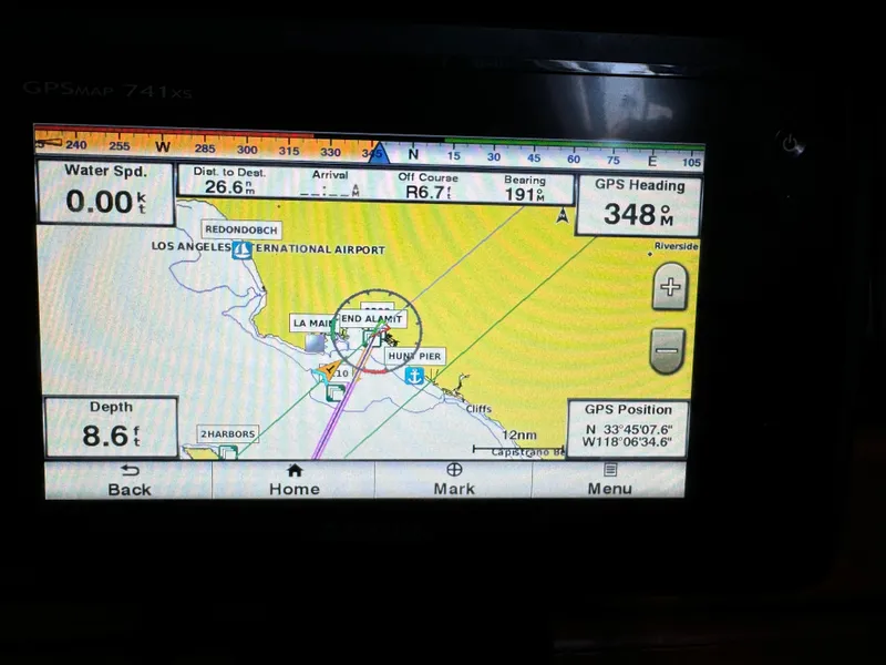 GPS navigation screen on a 1989 Catalina Sloop, showing Los Angeles coastal map.